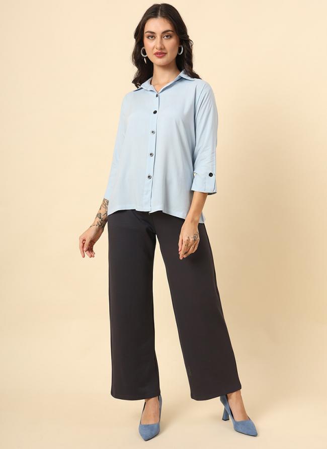 Rayon Light Blue Office Wear Plain Readymade Women's Shirt